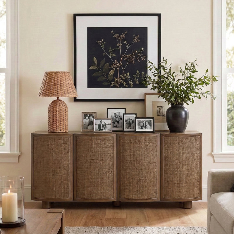 Buffet / buffet en bois massif et canne finis Norin, Brun