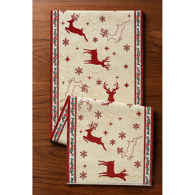 Red Reindeer & Snowflake Christmas Table Runner 13" X 72", Red