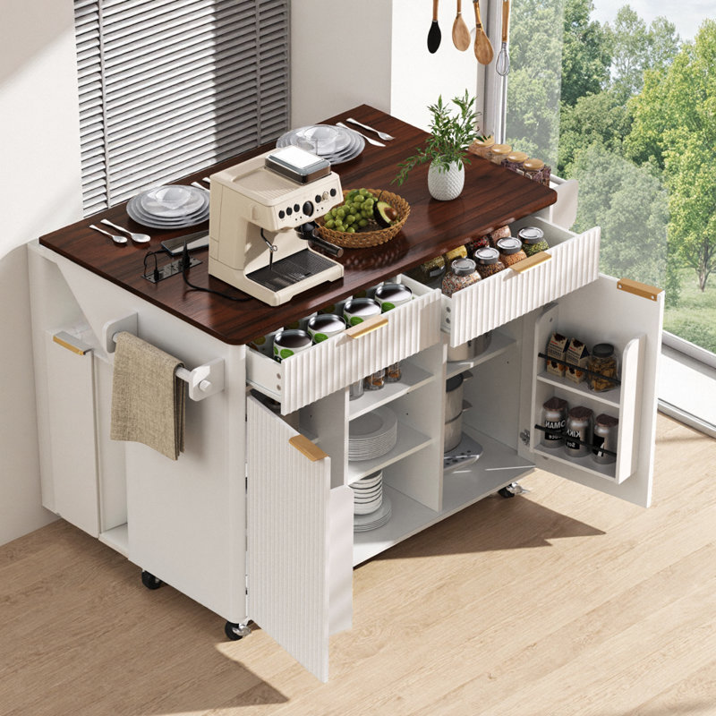 Fluted Modern Kitchen Island with Power Outlet, Drop-Leaf & Wheels for Flexible Storage and Prep Space, White