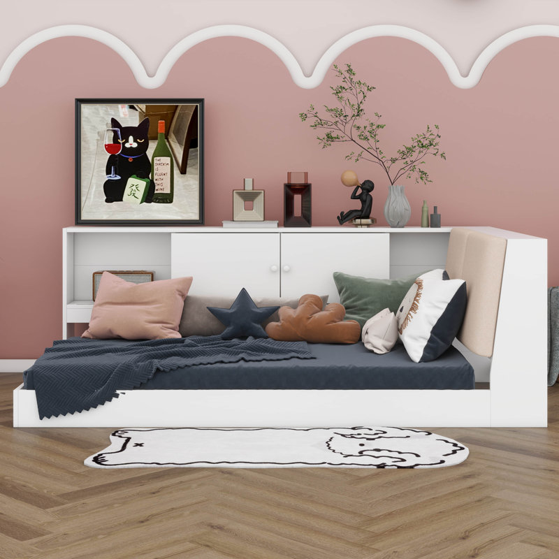 Twin Size Daybed Bed With Storage Bookcase And Upholstered Storage Headboard, Floor Bed With Charging Station, White