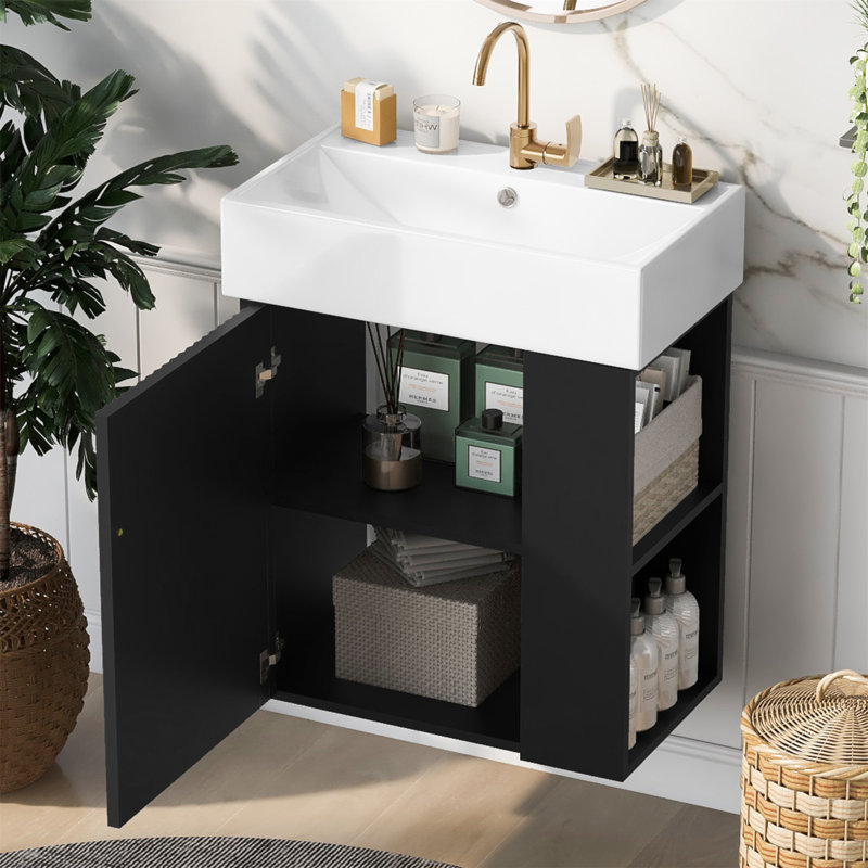 Meuble-lavabo flottant moderne de 21,6 po avec lavabo en céramique et rangement à droite, conception peu encombrante pour les petites salles de bain
