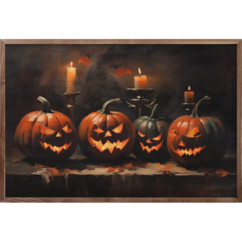 «Four Halloween Jack O Lanterns» sur bois, H 5 po x l 8 po x P 1,3 po