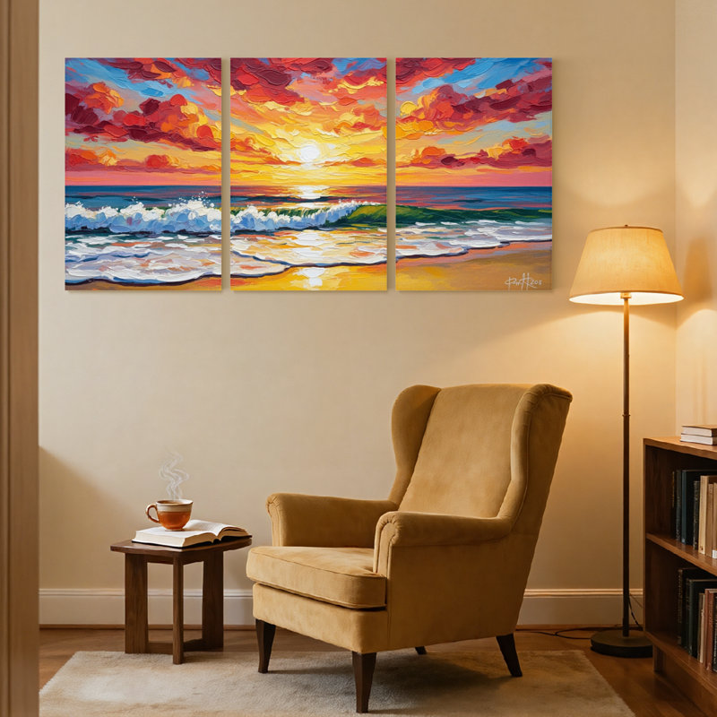 «Nautical & Beach Vibrant Sunset Ocean Waves Sky Colors Beach Scene», ensemble de 3 reproductions d'art sur toile