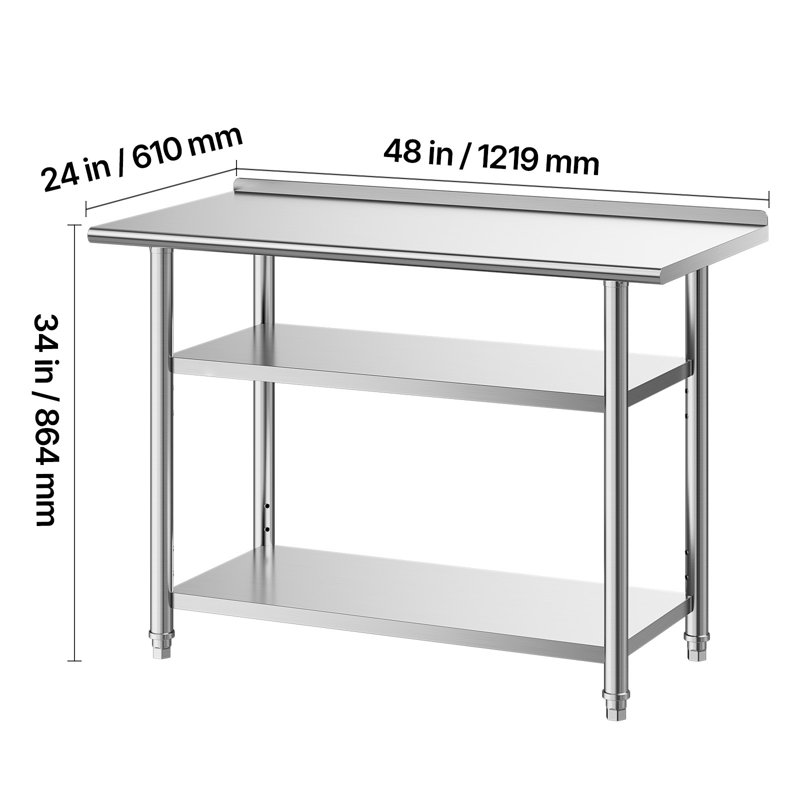Table de travail en acier inoxydable, table de préparation des aliments de 24 x 48 pouces avec 2 tablettes et dosseret, poste de travail de cuisine commerciale, table de travail utilitaire en métal robuste, pour l'extérieur du garage de l'hôtel