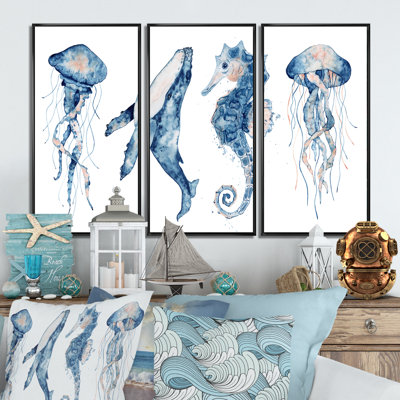 «Blue Ocean Fish Medusa Whale Seahorse», ensemble de 3 impressions sur toile