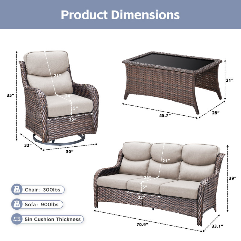 4-Pieces Outdoor Wicker Patio Sofa Set With Coffee Table And Swivel Chairs, Beige Cushion/Brown Frame