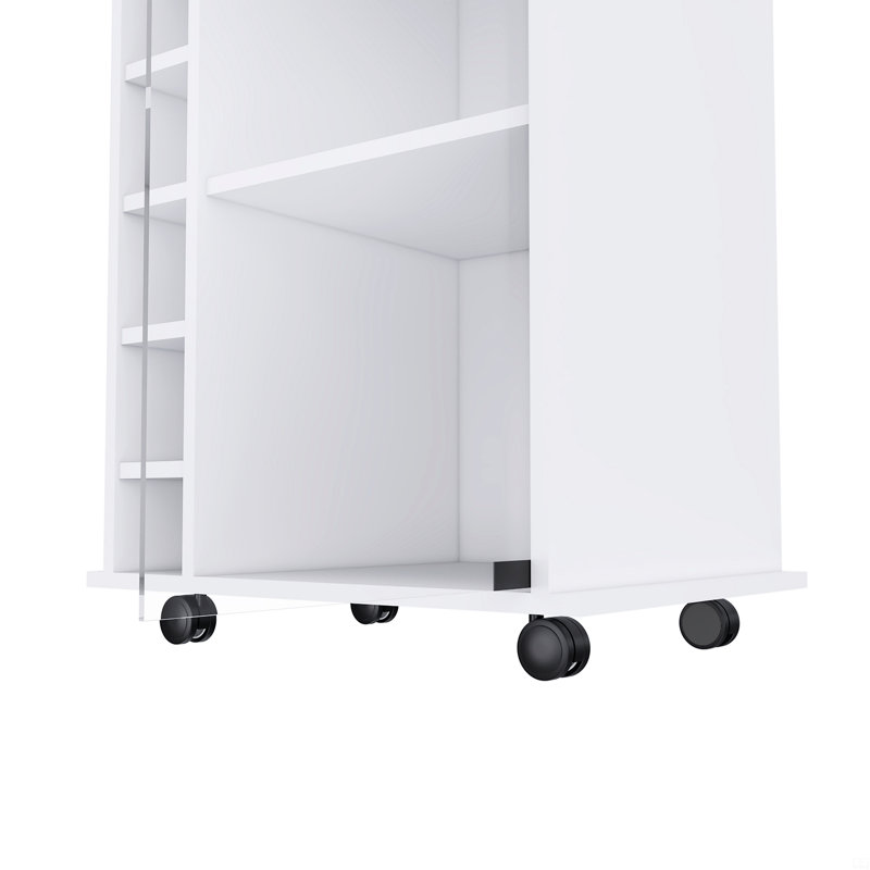 Bar Cart Baltimore, Six Wine Cubbies, Glass Door, Four Caster, Two Shelves, White