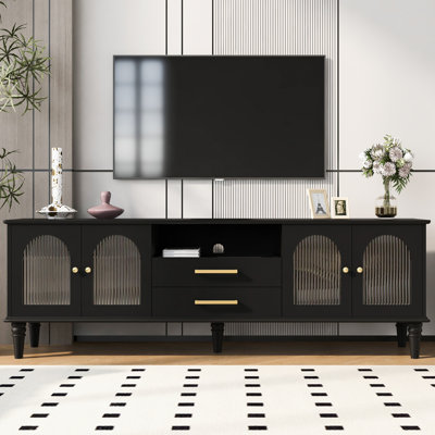 Meuble télé 68,9 po pour téléviseur de 75 po ou moins, console multimédia avec portes en verre cannelé et cinq pieds en bois massif pour le salon