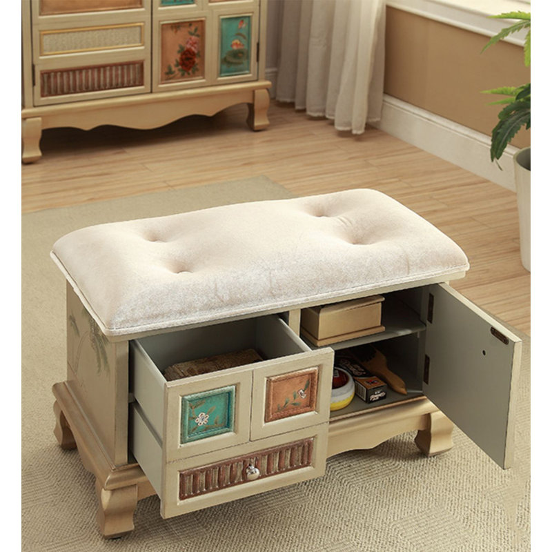 Banc de rangement pour chaussures en bois massif rétro peint à la main, Beige