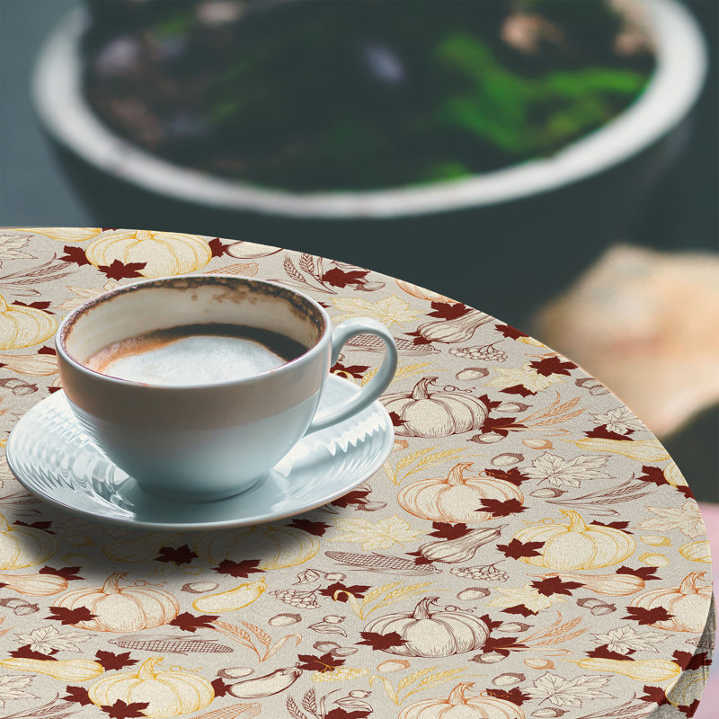 Ebern Designs Pumpkin Fitted Round Tablecloth Eggshell and Burgundy, 64.17" Round