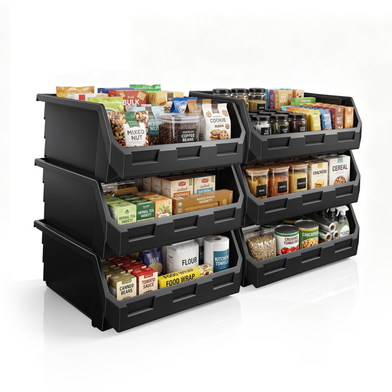 Sorbus 6 Pack Extra Large Open Front Stackable Kitchen Storage Bin – Pantry & Cabinet Organizer, Black