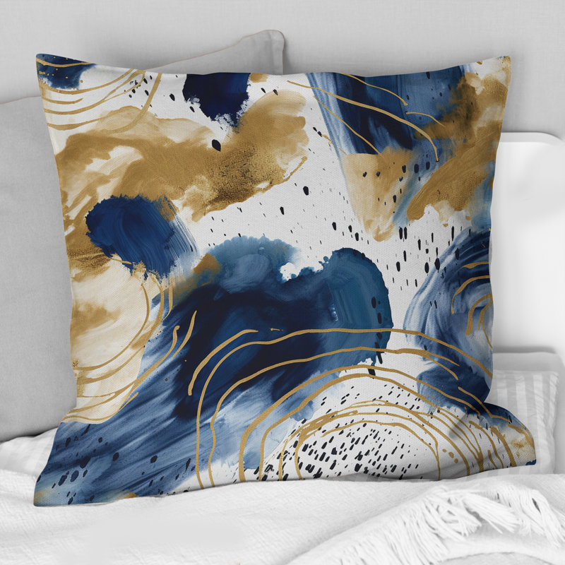 Coussin décoratif à motif abstrait avec textures bleues et dorées II - Abstract Collages, 18" x 18"