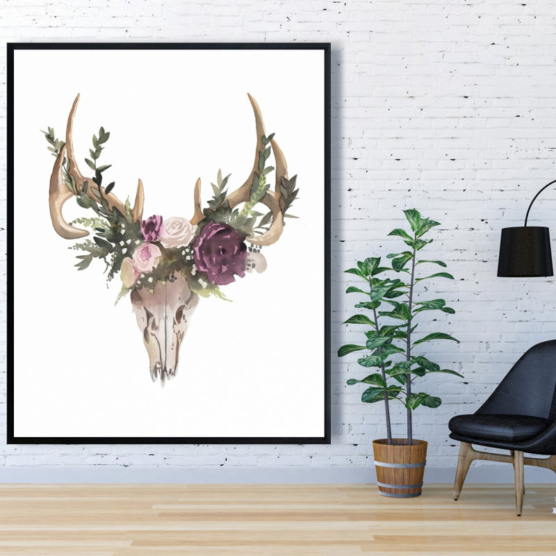 Deer Skull With Flowers Print On Canvas