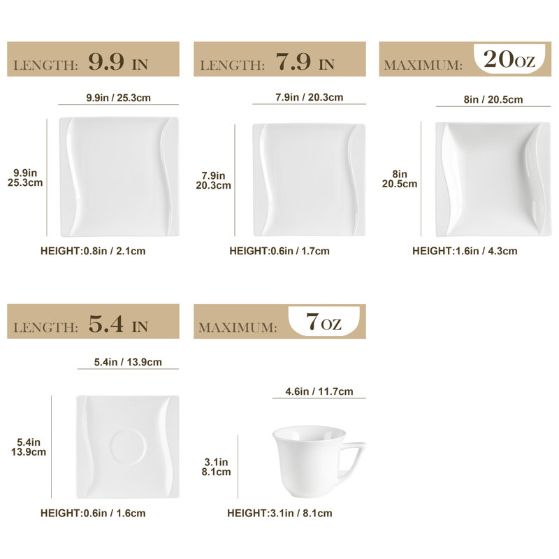 Carina 30 Piece Fine Porcelain Square Dinnerware Set, Service For 6