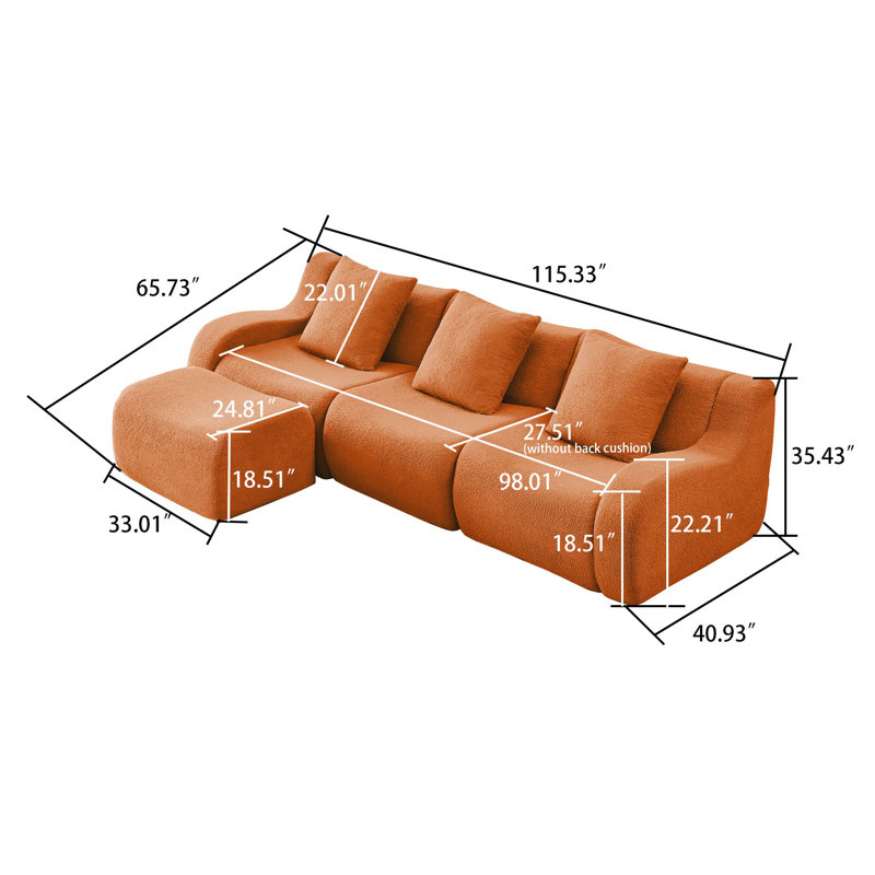 Canapé modulaire rembourré 3 places avec repose-pieds, Orange moelleux, H 35,43 po x l 115,33 po x P 65,73 po