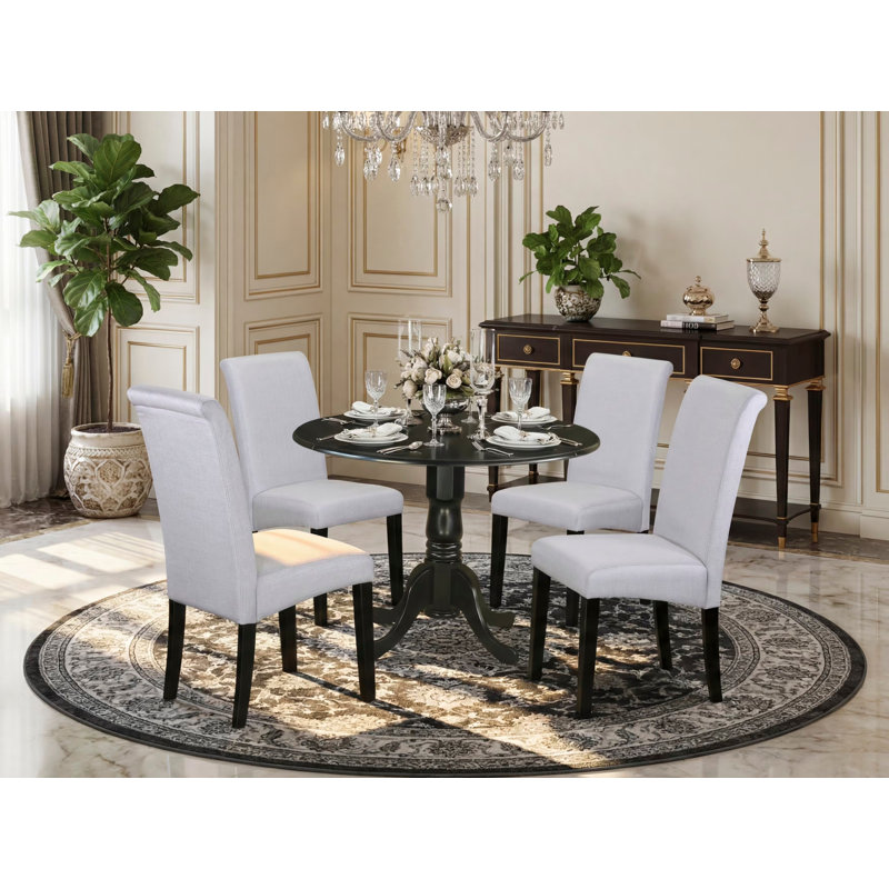 L'ensemble de salle à manger 5 pièces comprend une table de salle à manger ronde avec Dropleaf et 4 chaises Parson rembourrées en tissu gris, 42 x 42 pouces, noir