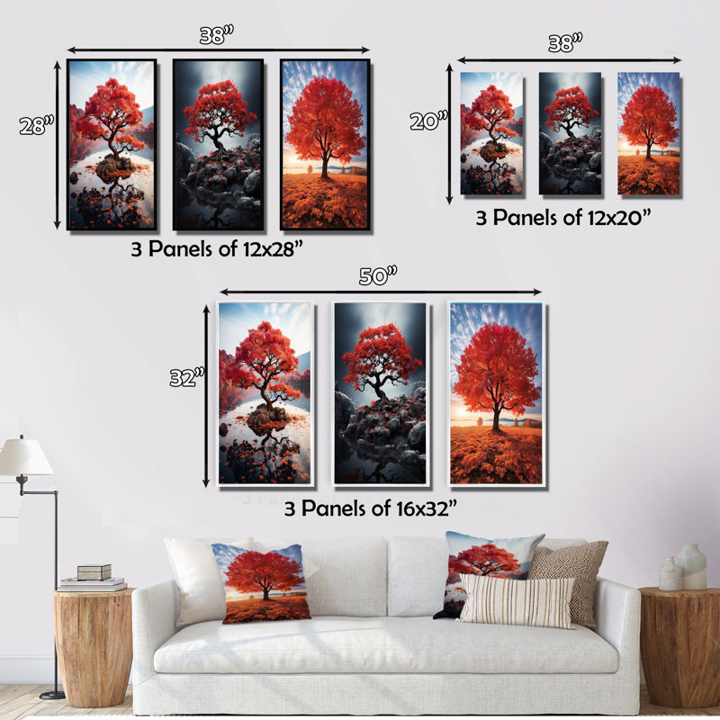 " Coral Tree Maple Symphony " 3 - Pieces, Gold Framed, 20" H x 36" W
