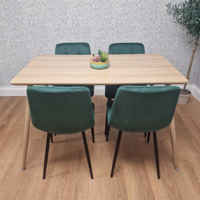 Wood Dining Table Set with 4 Velvet Chairs Kitchen Dining Furniture Set