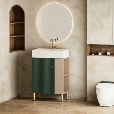 Évier de meuble-lavabo de 21,6 po, armoire à motif ondulé, accents en cuivre brossé et lavabo contemporain en céramique facile à entretenir, porte à fermeture en douceur, grand espace de rangement pour l'organisation de la salle de bain