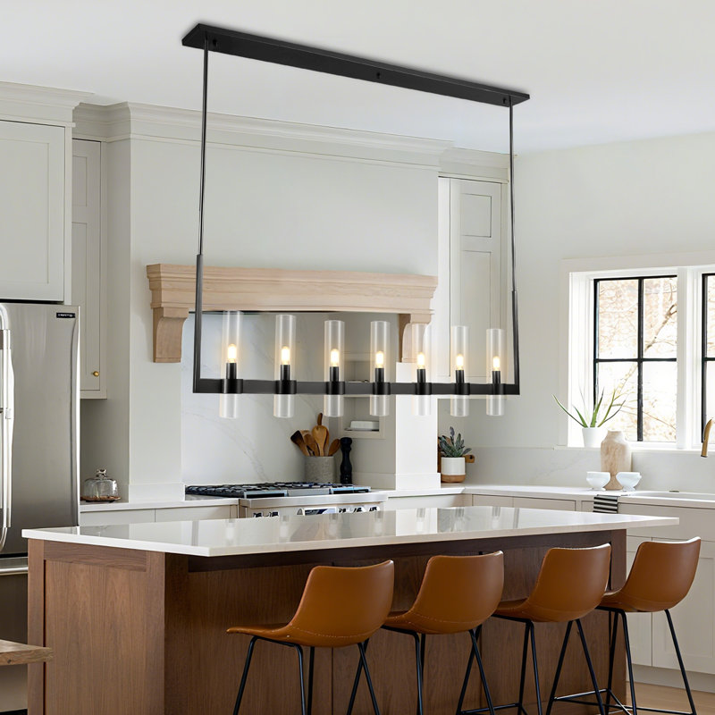 7 - Light 55" W Dimmable Modern Linear Kitchen Island Chandelier, Matte Black