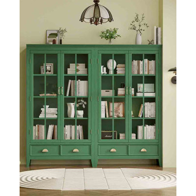 Green Vintage 4 Door Glass Bookcase with Drawers