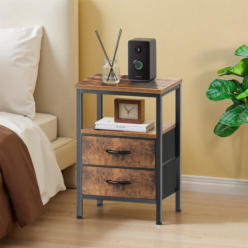 Night Stand With Charger Station, 2 Drawer Nightstand, Bed Side Table With Fabric Dresser End Table For Bedroom, Brown, 1