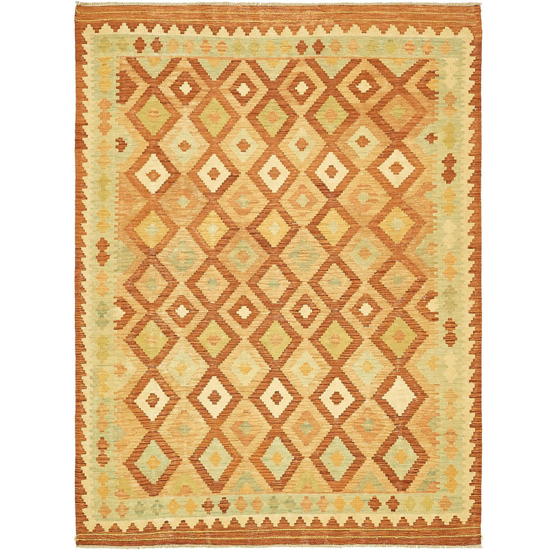Tapis de la zone en laine rouge/beige 4 pi 10 po x 6 pi noué la one-of-kind main Elland