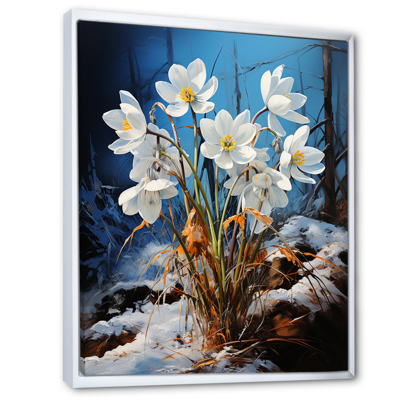 Vert neige, fleurs d'hiver I, H 20 po x l 12 po x P 1 po, Cadre flottant blanc