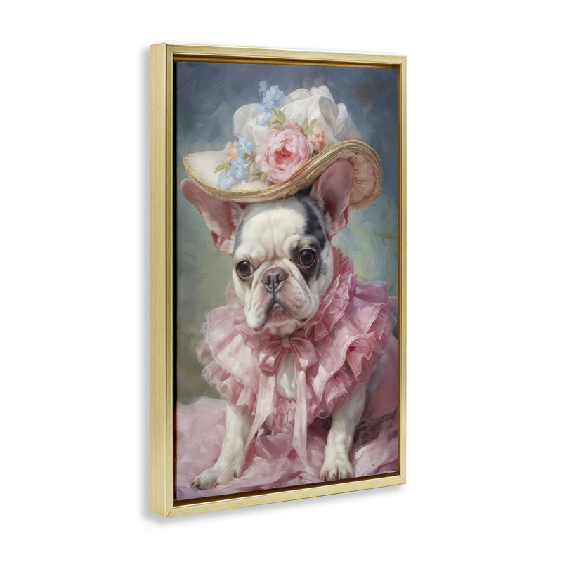Cadre flottant Frenchie dans une robe rose, design par Wumples, H 31 po x l 21 po, Cadre flottant métallique doré