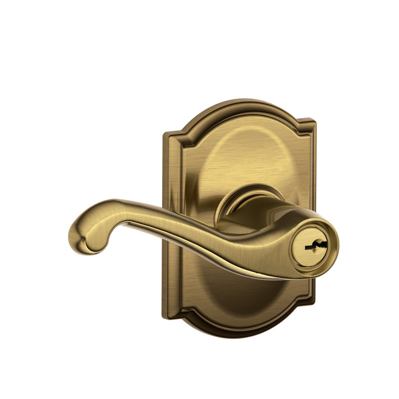 Flair Lever with Camelot Trim Keyed Entry Lock, Antique Brass, Keyed Alike, Yes