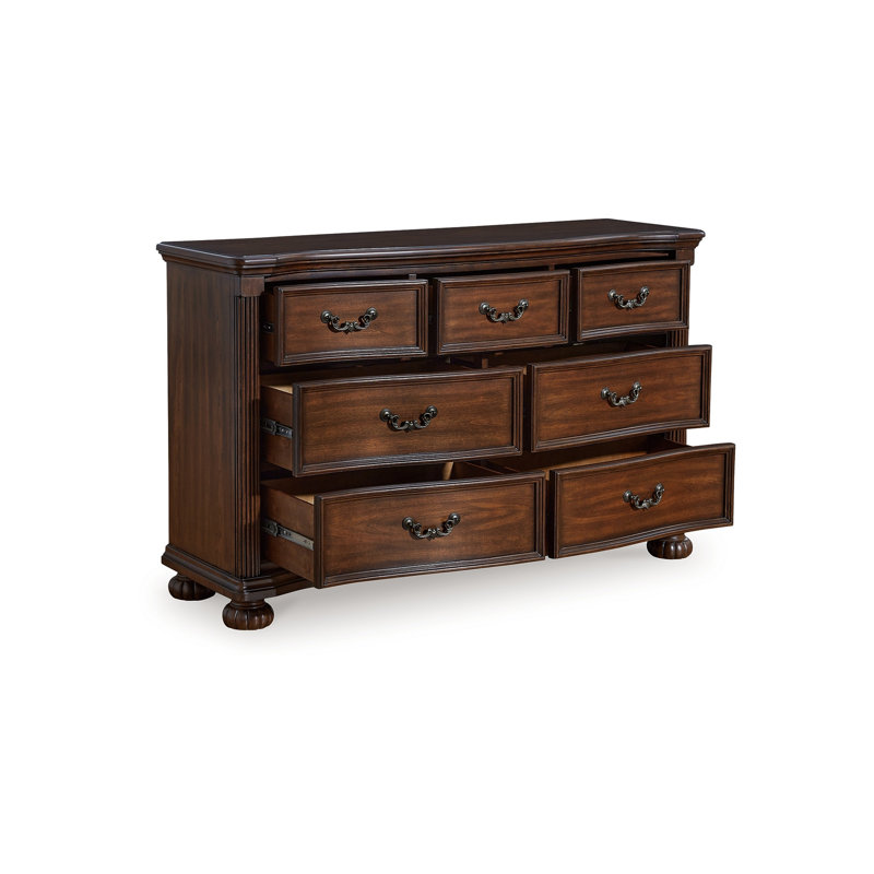 Commode large Laon, 7 tiroirs, 60 pouces, bois franc brun cerisier massif