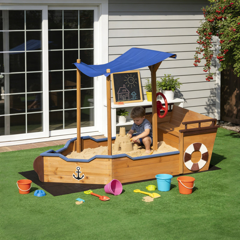 Bac à sable en bois en forme de bateau pirate avec couvercle pour enfants (3 à 8 ans)