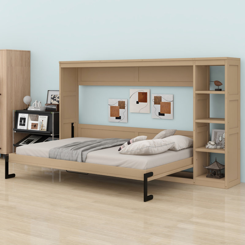 Lit escamotable avec rangement pour bibliothèque, Naturel
