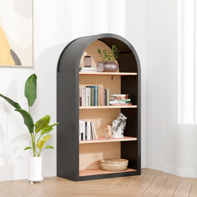 Bibliothèque avec 4 tablettes arquées noires de 43,47 po de hauteur, style rétro avec nuance moderne, bibliothèque sécuritaire et stable de 43 po de hauteur, mélange classique, dispositif de basculement