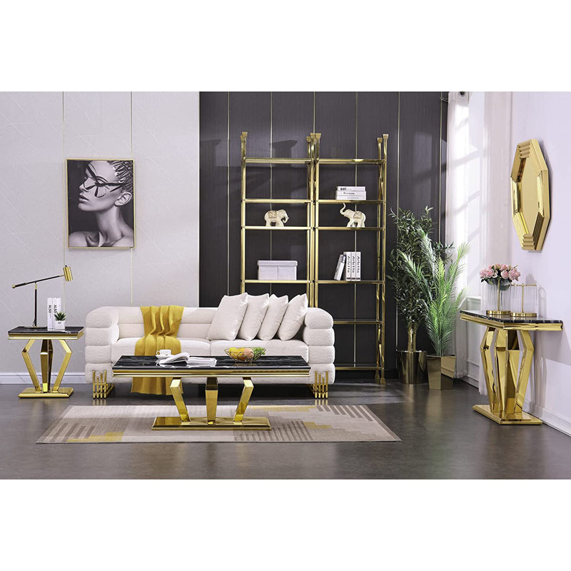 Liticia Coffee Table with Four Gold Geometric Mirror Bases and 48" Black Top
