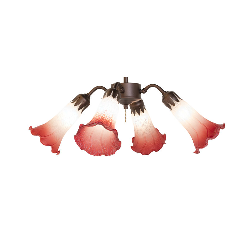 19" Wide Amber/Purple Tiffany Pond Lily 4 Light Fan Light, Pink/White