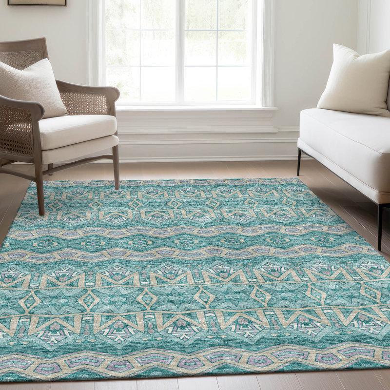 Premium Machine Washable Prisco Teal Rug, Rectangle 2'6" x 3'10"