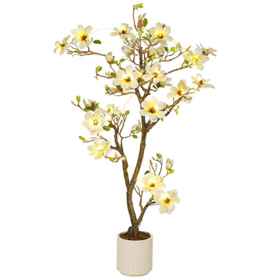 Artificial Magnolia Plants Indoor with White Flowerpot, Fake Magnolia Plants with Fake Green Leaves & Flowers, Faux Tree Suitable for Living Room, Off