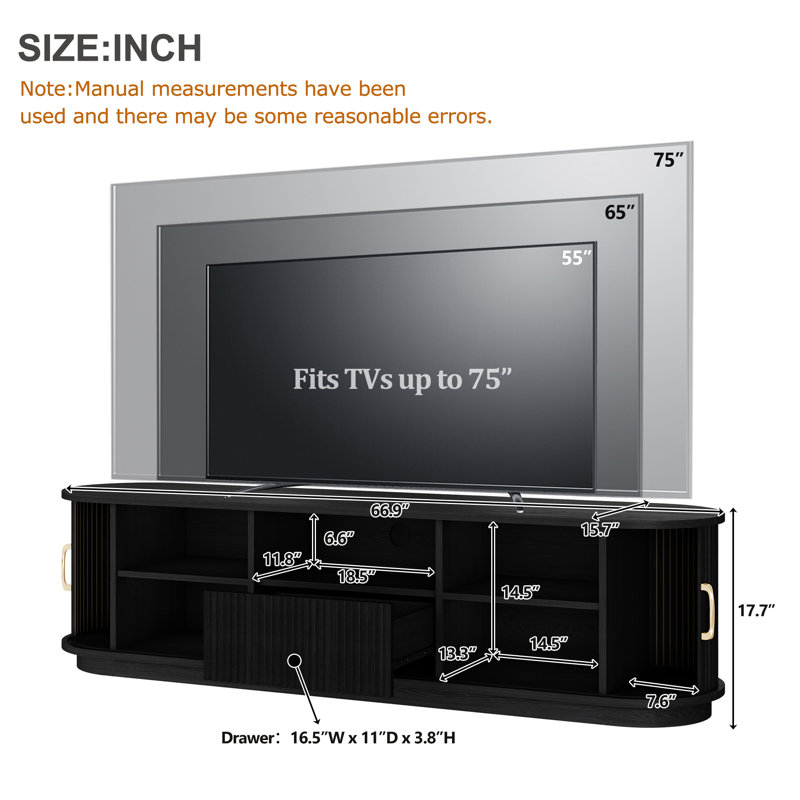 Fluted Farmhouse Media Console with Center Drawer and Golden Accents, 70 Inch TV Cabinet, Black