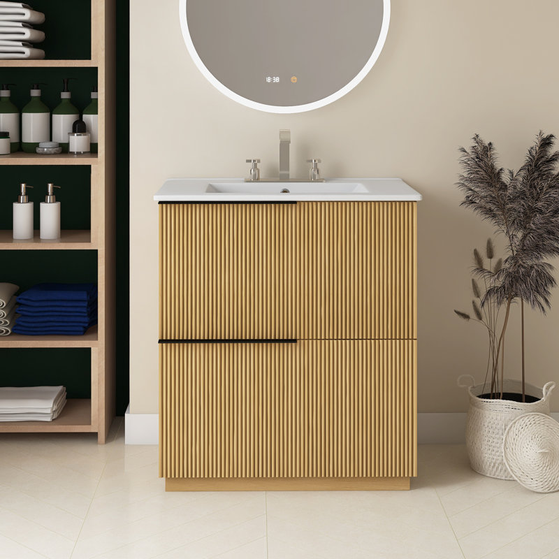 Meuble-lavabo 30 po avec lavabo en céramique et tiroirs pleine extension, Jaune