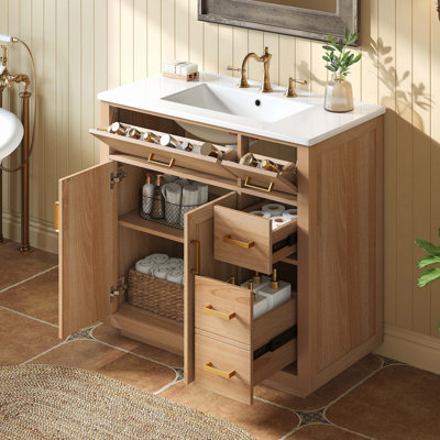 Meuble-lavabo de 36 po avec lavabo en céramique, meuble-lavabo moderne en grain de bois naturel, structure en bois d'hévéa massif, portes doubles à fermeture douce et 4 tiroirs, couleur bois naturel