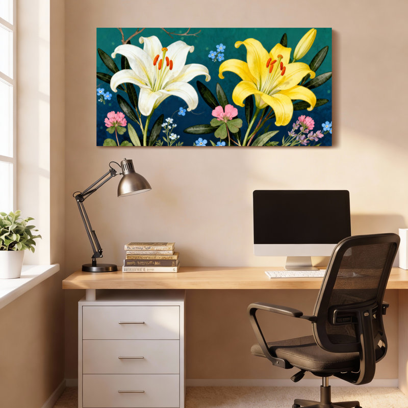 Ensemble de 1 tableau sur toile tendue représentant des lys et des fleurs sauvages, H 12 po x l 36 po