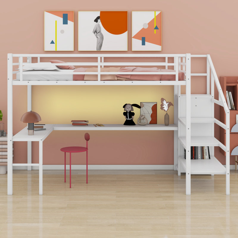 Lit mezzanine avec bureau en L et port USB, tablette de garde-robe et DEL, Noir