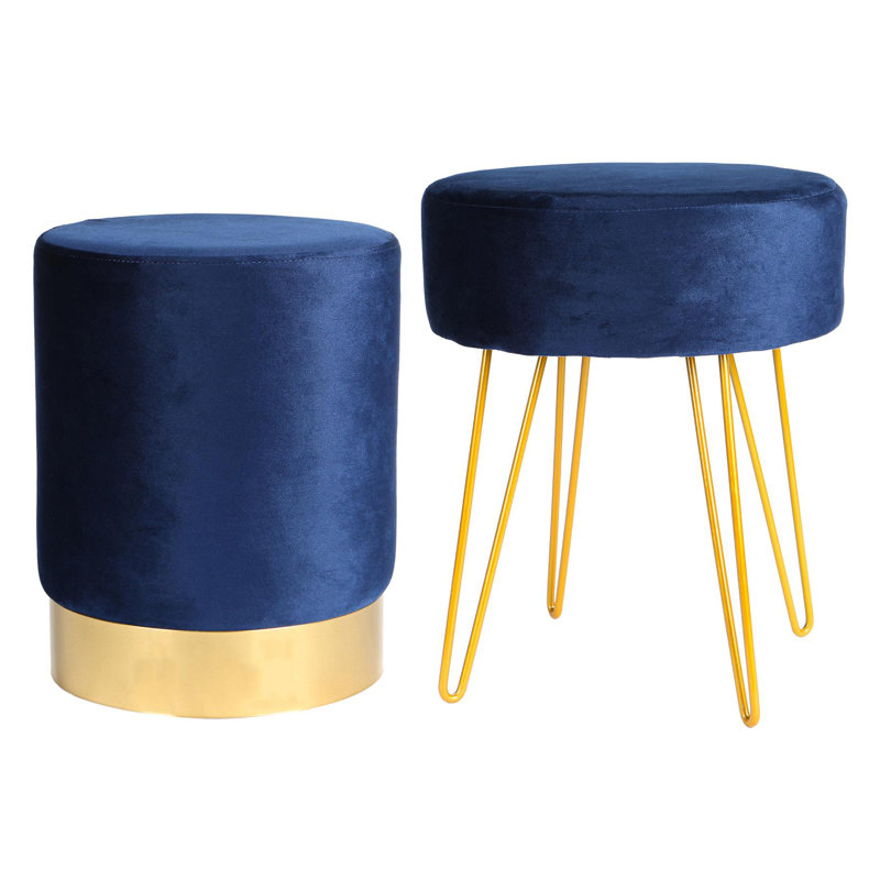 Harbour Housewares - Round Velvet Footstools, Blue, Blue
