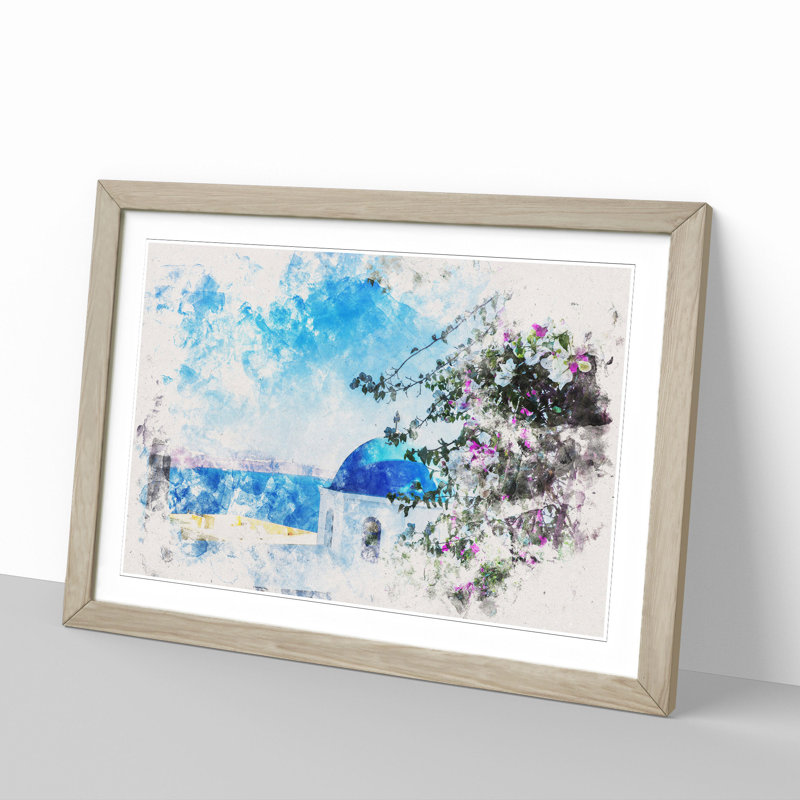 Blue Domed Church in Santorini - Picture Frame Graphic Art, 48cm H x 65cm W x 2cm D, Oak
