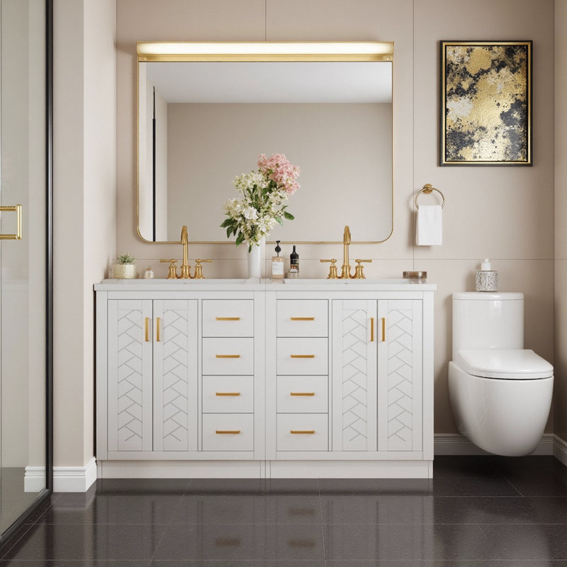 Ensemble de meuble-lavabo double 60 po avec lavabos en céramique, Blanc