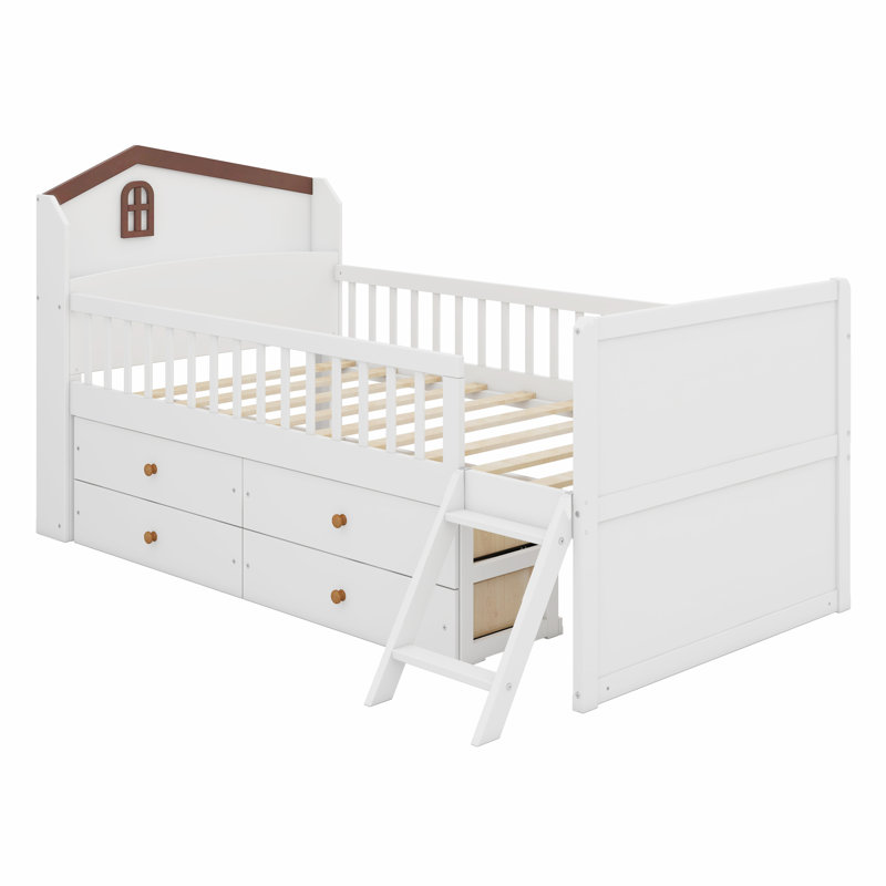 Structure de lit plateforme en bois avec tiroirs de rangement, lit plateforme avec tête de garde-corps et échelle, Blanc