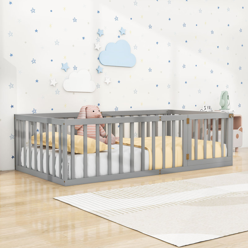 Twin Size Wooden Floor Bed With Door And Circle Of Fences, Gray