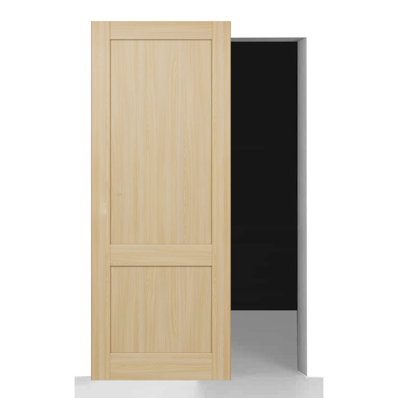 Porte de grange coulissante cachée intérieure en bois massif à 2 panneaux Shaker sans panneau de base avec quincaillerie d'installation