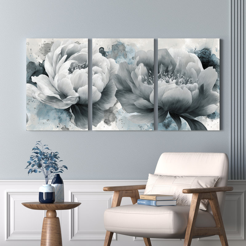 Ensemble de 3 tableaux monochromes à motif floral de pivoines sur toile tendue, pour la décoration du salon et de la chambre.